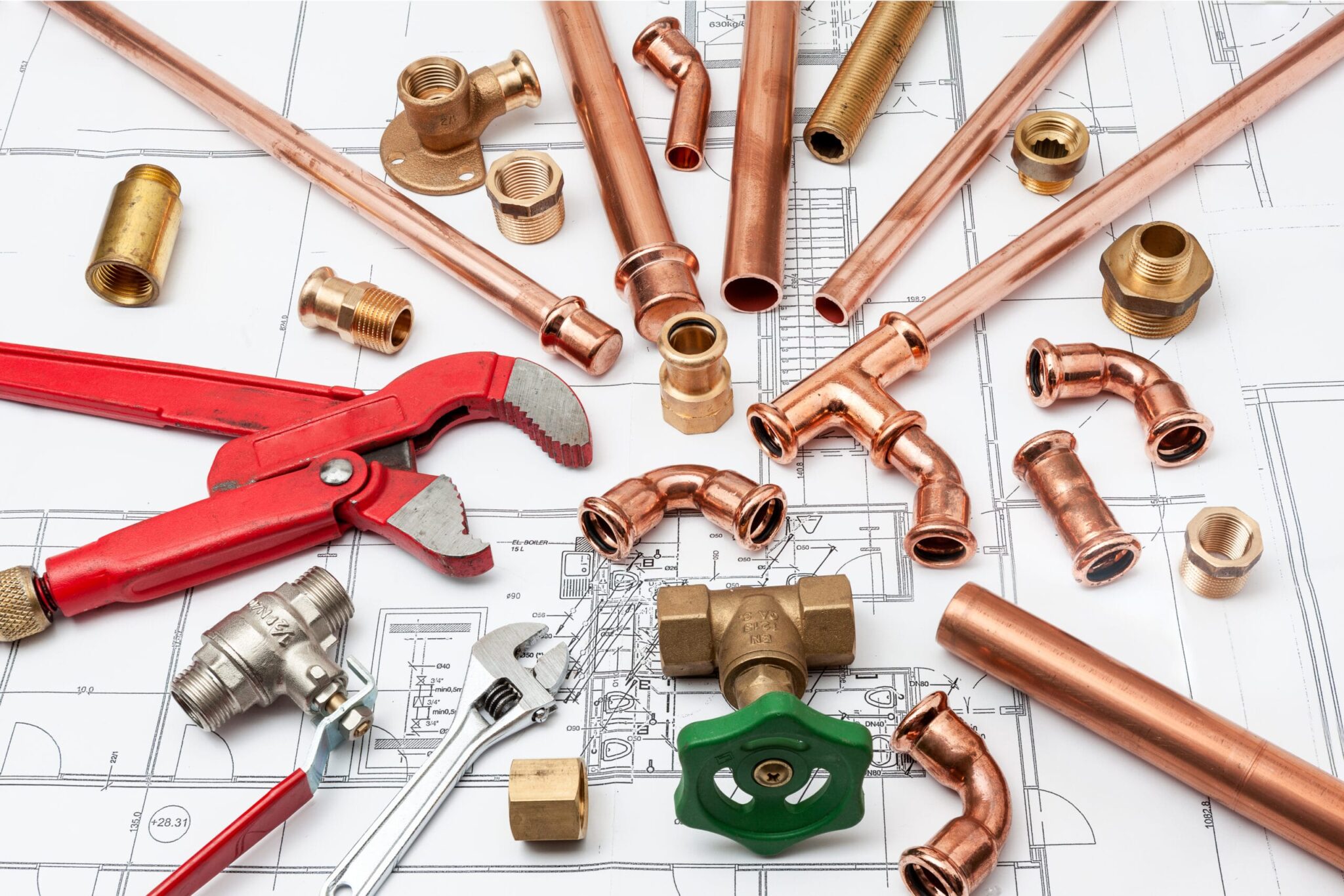 Copper pipes, fittings, valves, and plumbing tools in Villa Rica