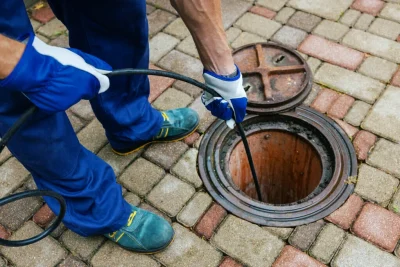 Plumber cleaning an outdoor sewer drain in Villa Rica