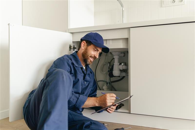 Residential plumber reviewing plumbing repairs in a Villa Rica kitchen