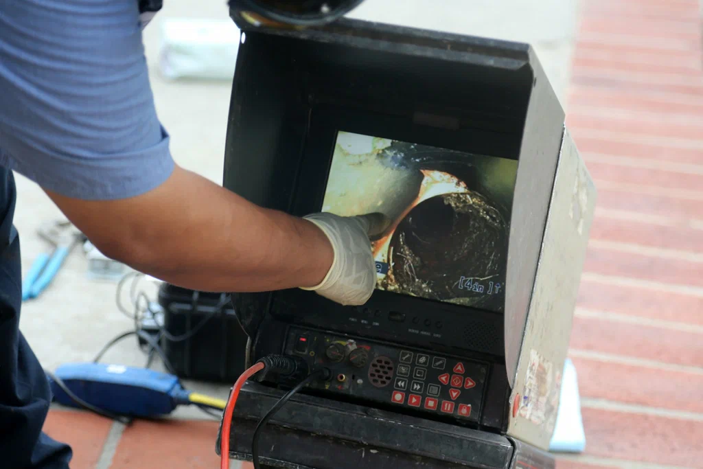 Technician viewing a drain inspection camera in Villa Rica