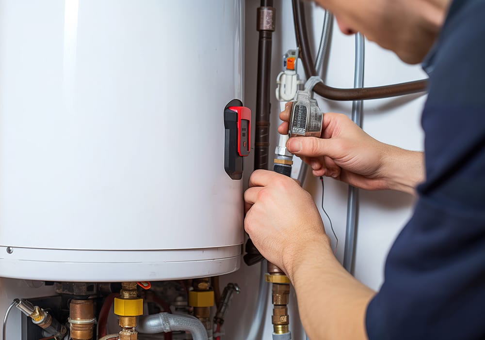 Technician repairing pipes connected to a water heater in Villa Rica